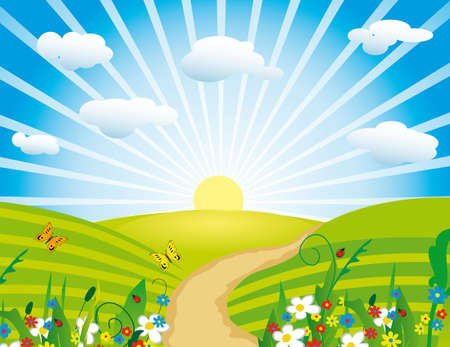 The sun over a flourishing meadow. illustrationのイラスト素材