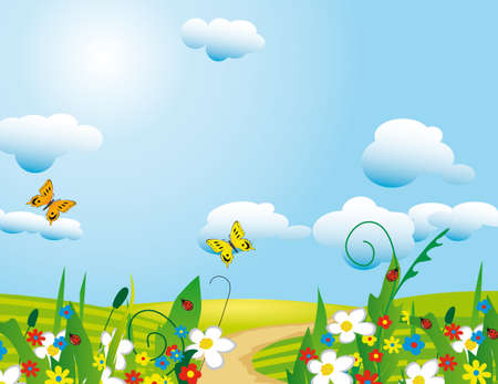 The sun over a flourishing meadow. のイラスト素材