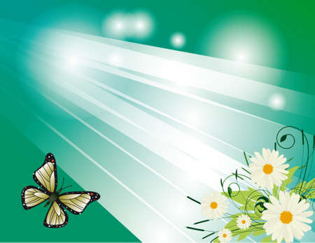 Butterfly and flowers on a green backgroundのイラスト素材