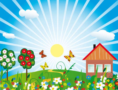 Small cottage among the flowers. のイラスト素材