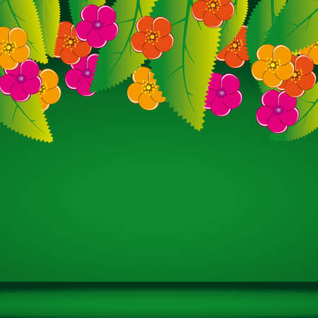The green background with leaves and flowers. Vector illustrationのイラスト素材