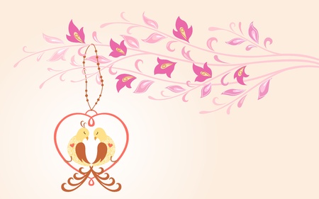 Floral illustration with birds in love sitting in decorative heart. Horizontal version.のイラスト素材
