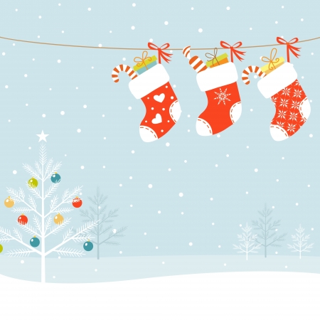 Christmas socks and Christmas tree on snowed background.のイラスト素材