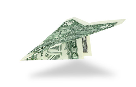 One dollar bill origami plane isolated on white background. business conceptの写真素材