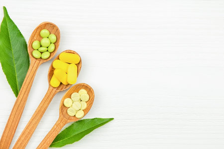 Top view of capsules and pills in wooden spoons with medicinal plant leaves on light background. Border composition with copy spaceの写真素材