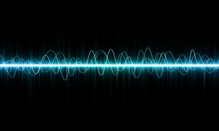 Blue colored abstract waveform on black backgroundの写真素材