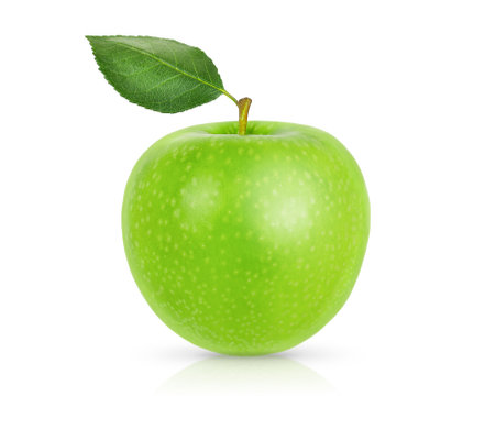 Green apple with leaf isolated on white background. healthy eating conceptの写真素材