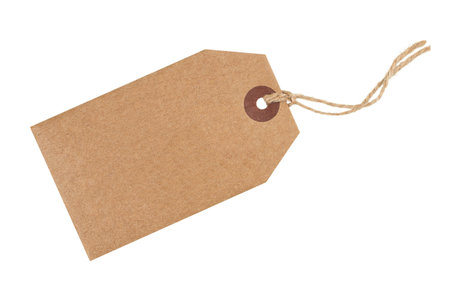 Craft paper tag with twine isolated on white backgroundの写真素材