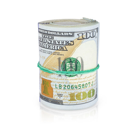 One hundred dollar roll with rubber isolated on white background, business conceptの写真素材