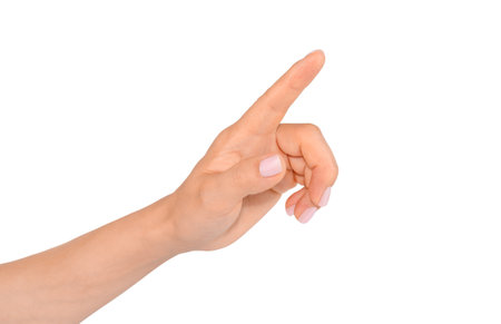 Female hand showing or touching isolated on white backgroundの写真素材