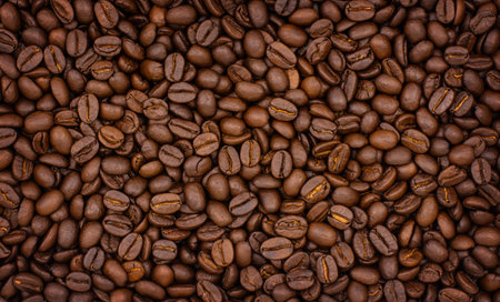 Roasted coffee beans background, close-up top viewの写真素材