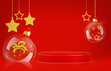 Red podium with transparent Christmas balls and golden stars on red backgroundの写真素材