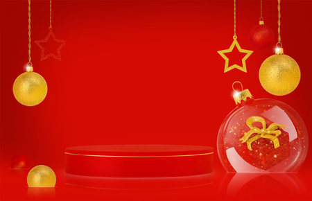 Christmas podium for product display with golden ornaments and transparent balls, red ornate backgroundの写真素材