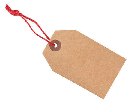 Empty craft paper tag with red twine isolated on white backgroundの写真素材