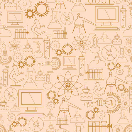 seamless pattern. Scientific background for packaging paper. Gear, Microscope, bulb, computer and other scientific symbolsのイラスト素材