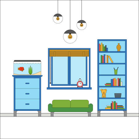 Modern flat design of Interior of a living room with chest of drawers, rack, aquarium, sofa, vintage lighting decor. Colorful vector illustrationのイラスト素材