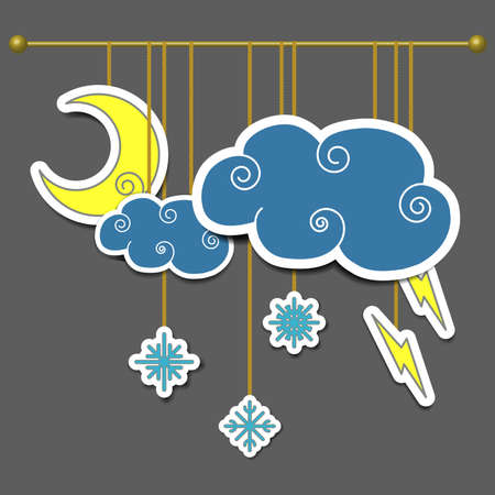 Scenery for theater, moon, cloud, lightning, snowflake. Weather icons. Vector illustrationのイラスト素材