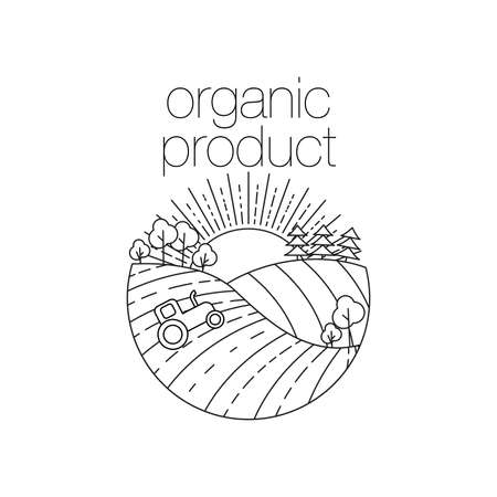 Organic product round outline icon for food, drink and restaurants. Organic product symbol with sun, tractor, wood and wheat field. Line art Vector illustration isolated on white backgroundのイラスト素材