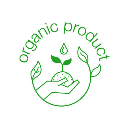 Organic product green outline icon. Organic product symbol with sprout in hand for label, farming, healthy food. Line art Vector illustration isolated on white backgroundのイラスト素材