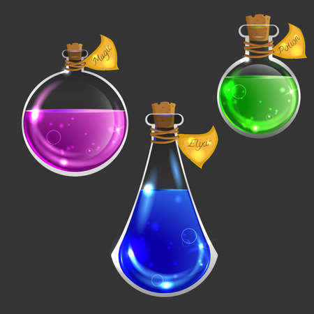Collection of three magical bottles. Icons of magic elixir. Vector design for app user interface isolated on darkのイラスト素材