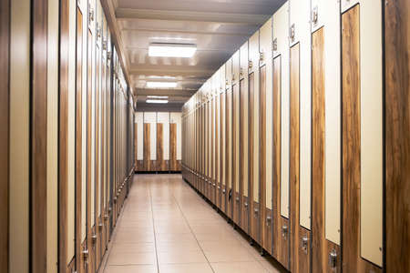 rows of lockers in a dressing room for changing and storing clothes at a spa resort during a long...