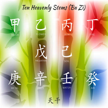 Symbol from chinese hieroglyphs. Translation of 10 zodiac stems, feng shui signs hieroglyphのイラスト素材