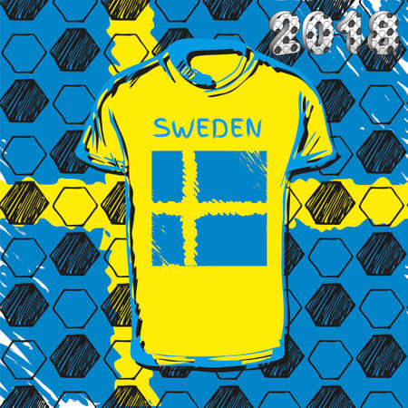 Vector sport template. Soccer cup 2018. Football hand drawn pattern set with t-shirt and flag of Swedenの写真素材