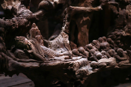 Wooden Sculture of Buddha's entry into Parinirvanaの写真素材