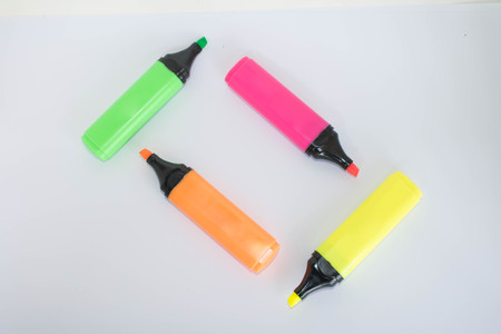 Five highlighters on white backgroundの写真素材