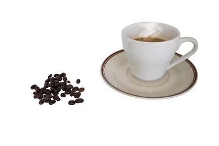 white cup of coffee smoking hot on brown saucer and some roasted coffee beans. white background with clipping pathの写真素材