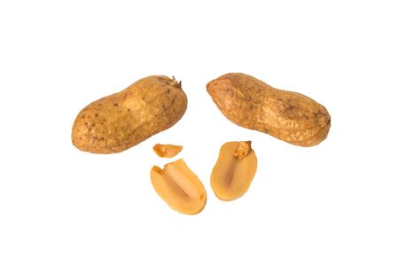 top view of peanuts and peanut nutshell in isolated white background with clipping pathの写真素材