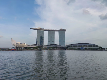 Iconic Singapore landmark featuring a luxury hotel, rooftop infinity pool, casino, shopping mall, and stunning views of the city.の写真素材