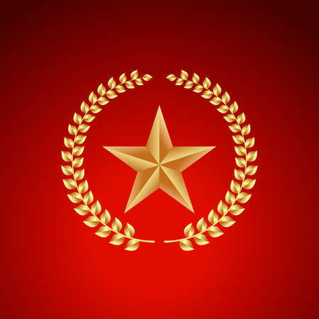 Gold star with a laurel wreath on a red backgroundのイラスト素材