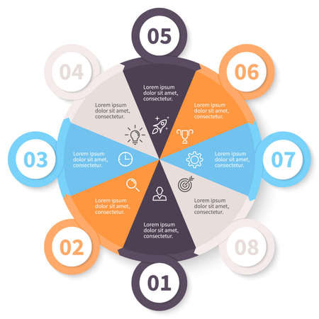 Circular infographic. Pie chart, diagram, graph with 8 steps, options, parts, processes with arrows and number options.のイラスト素材