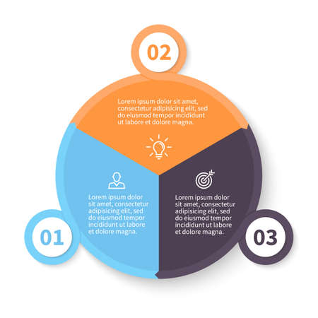 Circular infographic. Pie chart, diagram, graph with 3 steps, options, parts, processes with arrows and number options.のイラスト素材