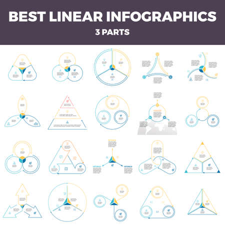 Business infographics. Linear infographic elements, circles, triangles, pyramids, arrows with 3 steps, options, parts. Outline vector pie charts.のイラスト素材
