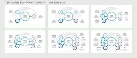 Business infographics. Organization charts with 3, 4, 5, 6, 7, 8 options, arrows. Vector templates.のイラスト素材