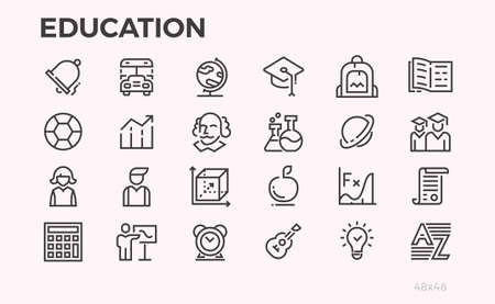 Education icons. School curriculum and equipment, teachers and students and other symbols. Editable line.のイラスト素材