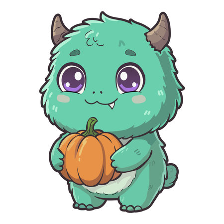 Cute cartoon monster with pumpkin. Vector illustration isolated on white background Halloween Illustrationのイラスト素材