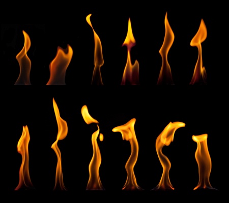 Fire flames collection, isolated on black backgroundの写真素材