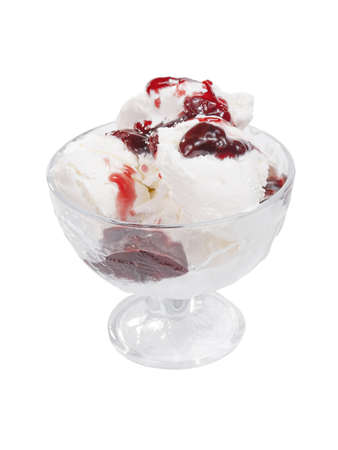Ice cream with fruit jam in bowl isolated on white backgroundの写真素材