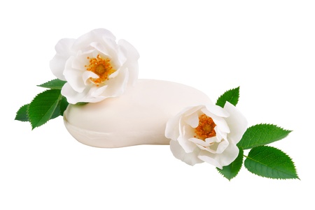 Natural soap with a two rose flower isolated on white backgroundの写真素材