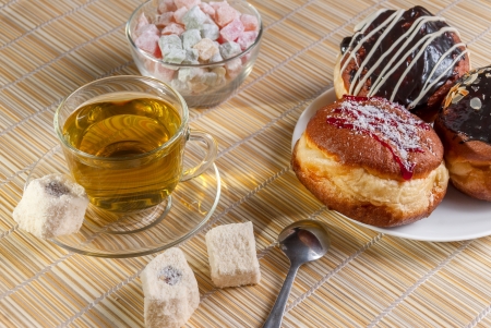 Green tea, fresh cherry muffin, colorful delight and doughnutの写真素材