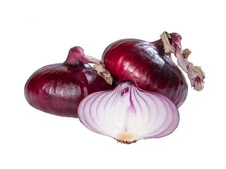 Red  fresh sliced and whole onion  isolated on white backgroundの写真素材