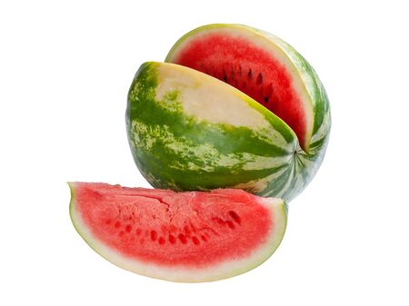Half and segment watermelon isolated on white backgroundの写真素材
