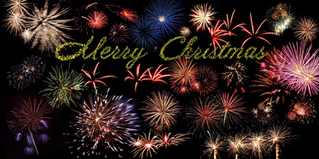 Beautiful Merry Christmas banner with fireworks on the black sky