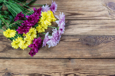 Beautiful chrysanthemum on rustic wooden tableの写真素材