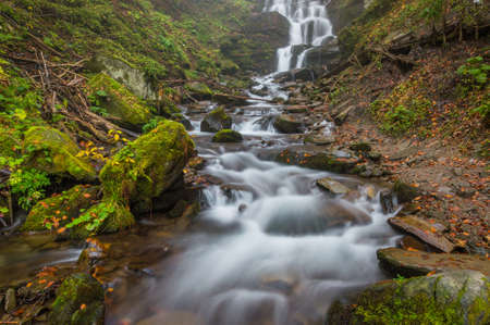 Beautiful mountain stream running among autumn forestの写真素材