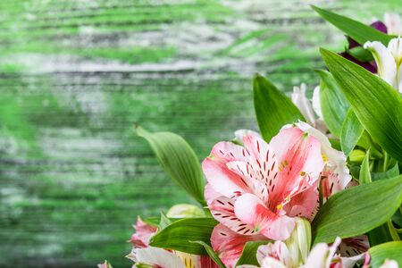 Fresh alstroemeria flowers on wooden background, flower border, floral backgroundの写真素材