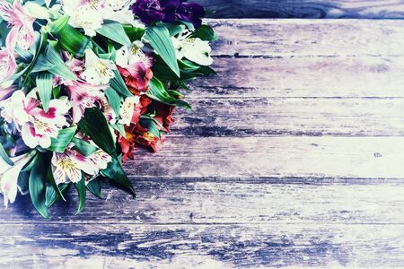 Vintage rustic background with alstroemeria flowers, selective focusの写真素材